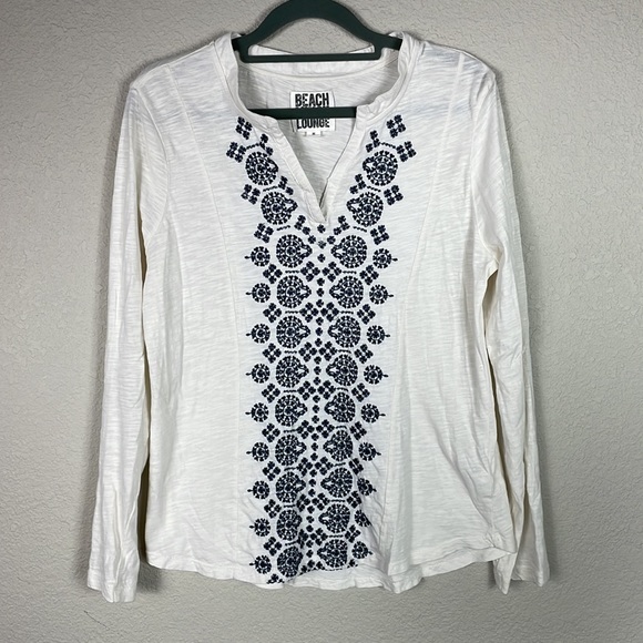 beachlunchlounge Tops - Beach Lunch Lounge Cotton Knit White Embroidered Boho Long Sleeve Top Sz M